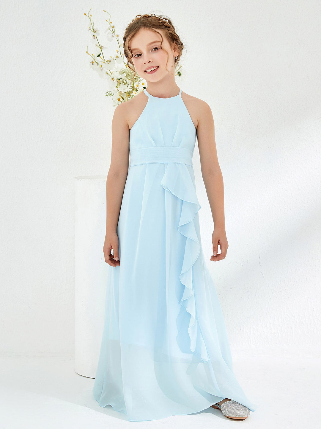 Halter Neckline Junior Bridesmaid Dresses with Sash Sky Blue