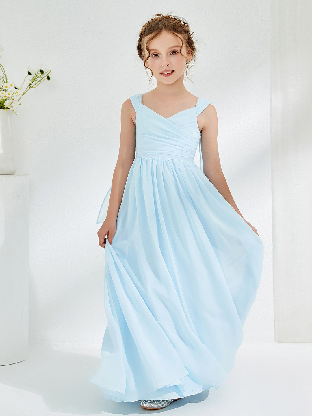 V-neck Pleated A-line Junior Bridesmaid Gowns Sky Blue