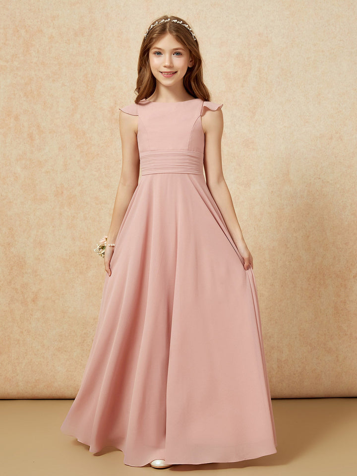 Jewel Neck Flutter Sleeves Chiffon Junior Bridesmaid Dresses Dusty Rose