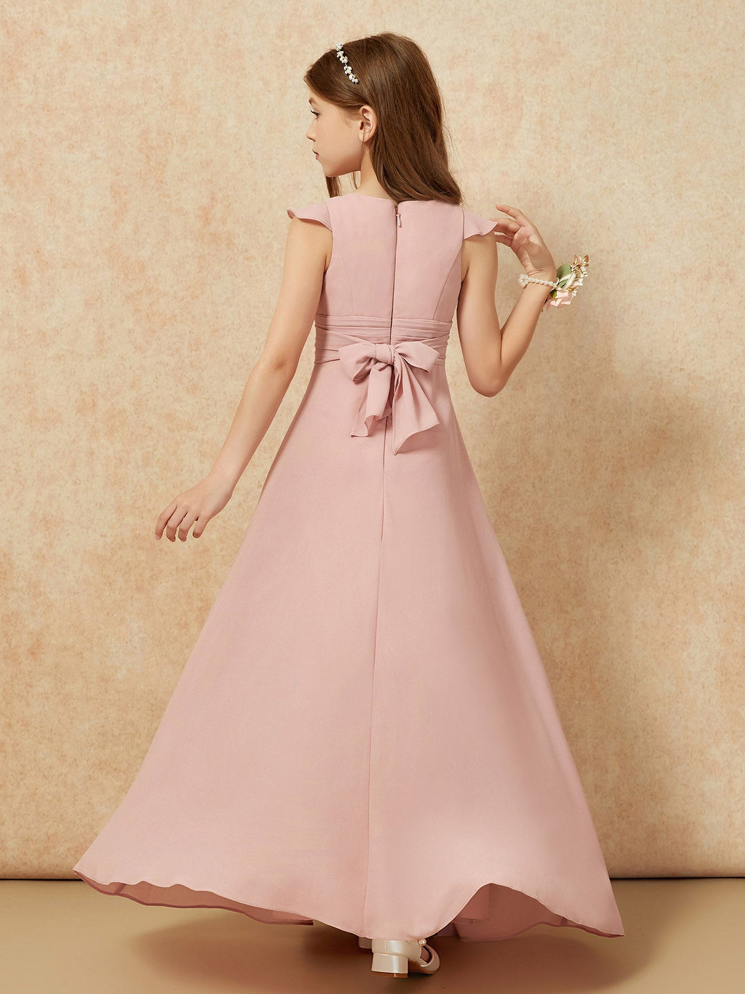 Jewel Neck Flutter Sleeves Chiffon Junior Bridesmaid Dresses Dusty Rose