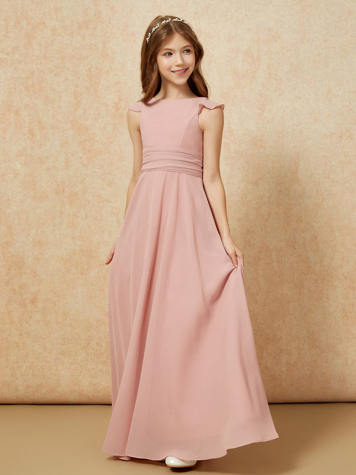 Jewel Neck Flutter Sleeves Chiffon Junior Bridesmaid Dresses Dusty Rose