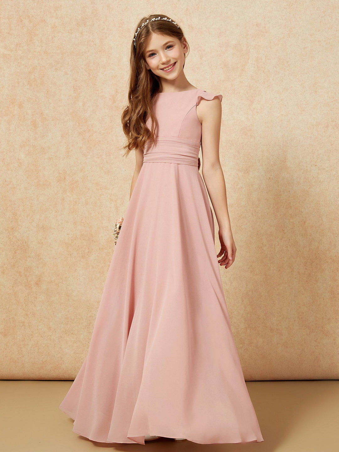 Jewel Neck Flutter Sleeves Chiffon Junior Bridesmaid Dresses Dusty Rose