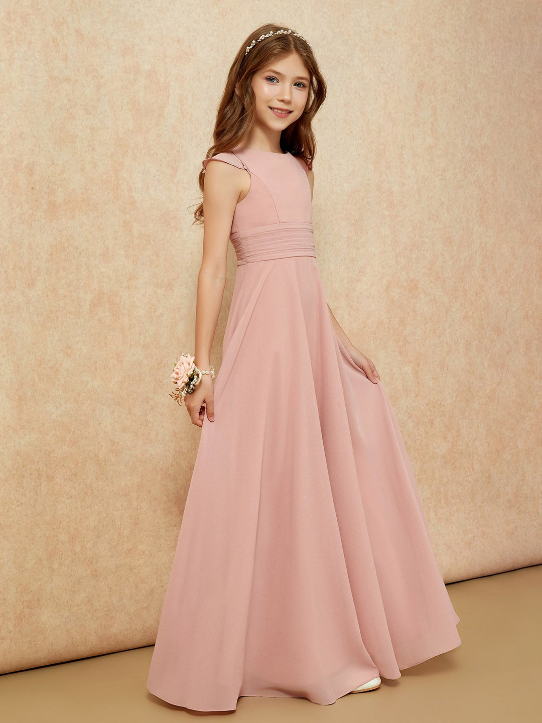 Jewel Neck Flutter Sleeves Chiffon Junior Bridesmaid Dresses Dusty Rose
