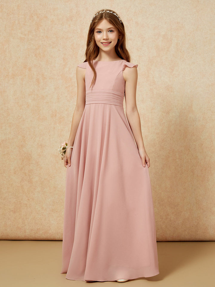 Jewel Neck Flutter Sleeves Chiffon Junior Bridesmaid Dresses Dusty Rose