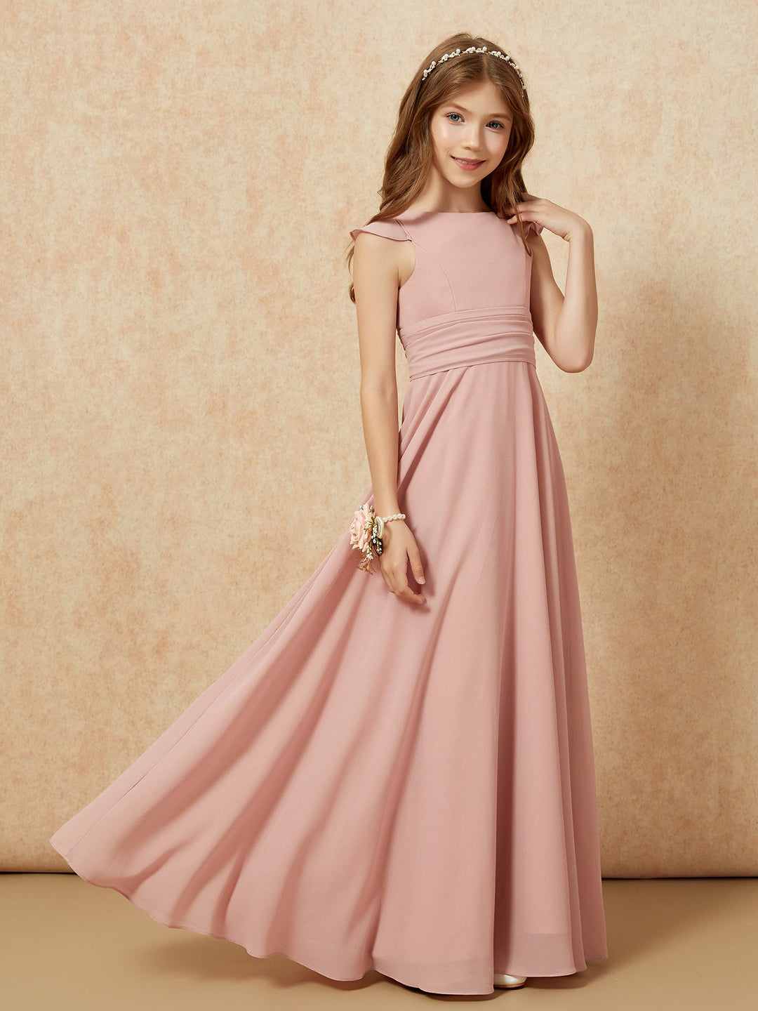 Jewel Neck Flutter Sleeves Chiffon Junior Bridesmaid Dresses Dusty Rose
