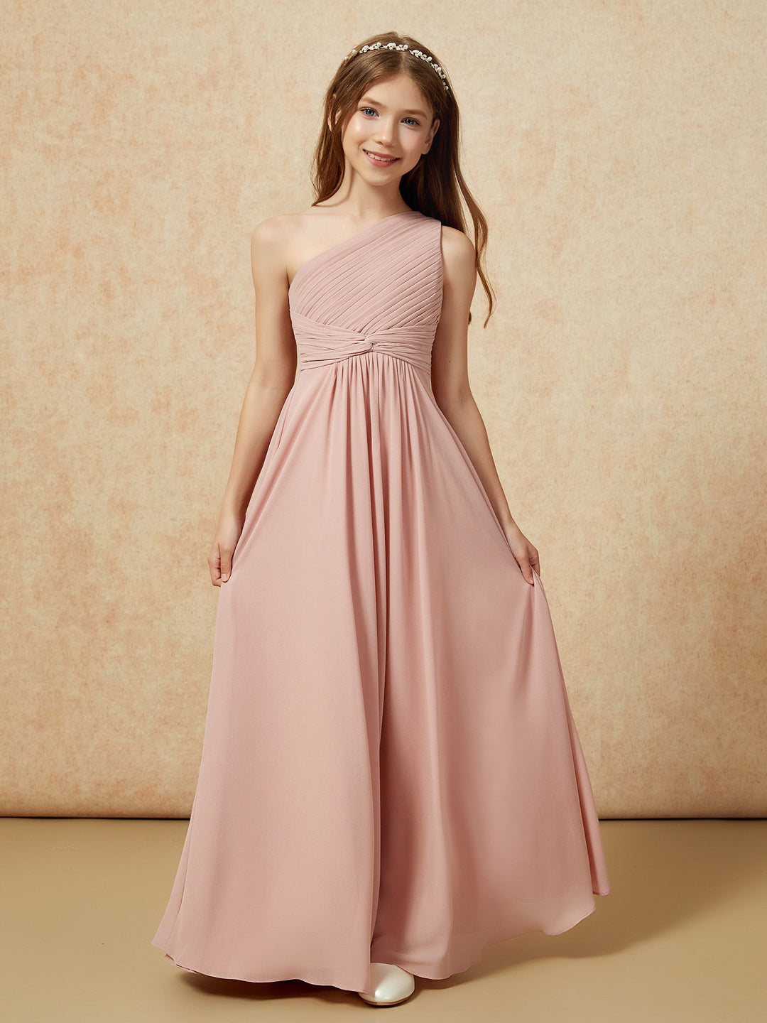 One Shoulder Pleated Chiffon Junior Bridesmaid Dress Dusty Rose