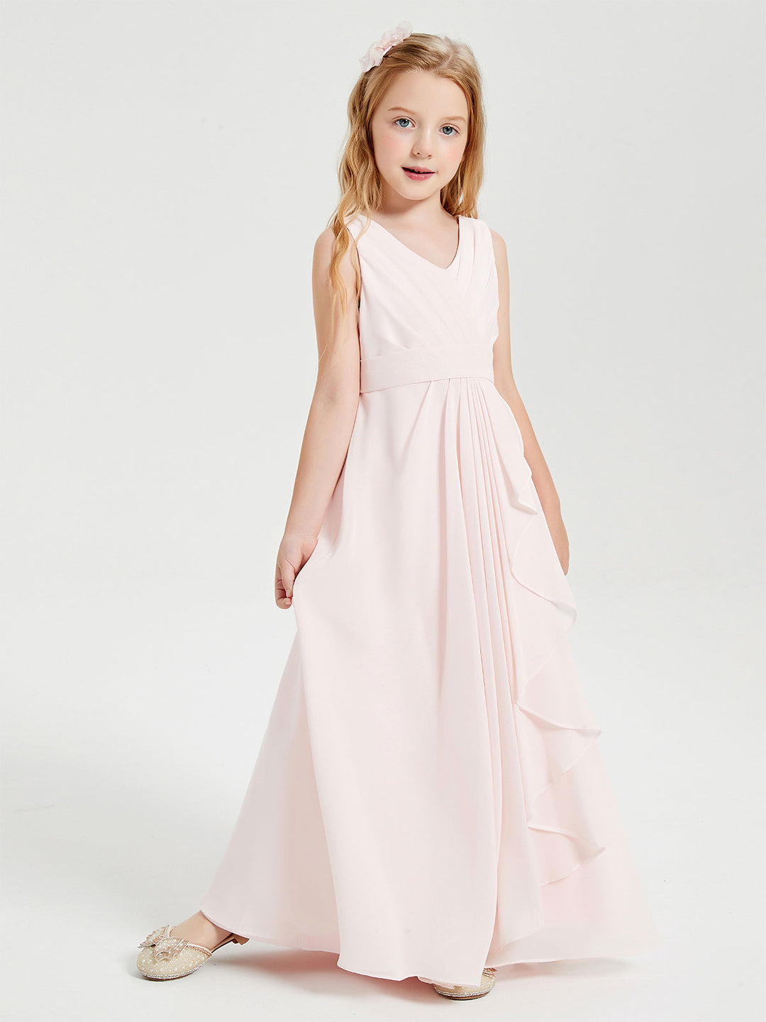 Boho Long Chiffon Bridesmaid Dresses Cascading Skirt Blushing Pink