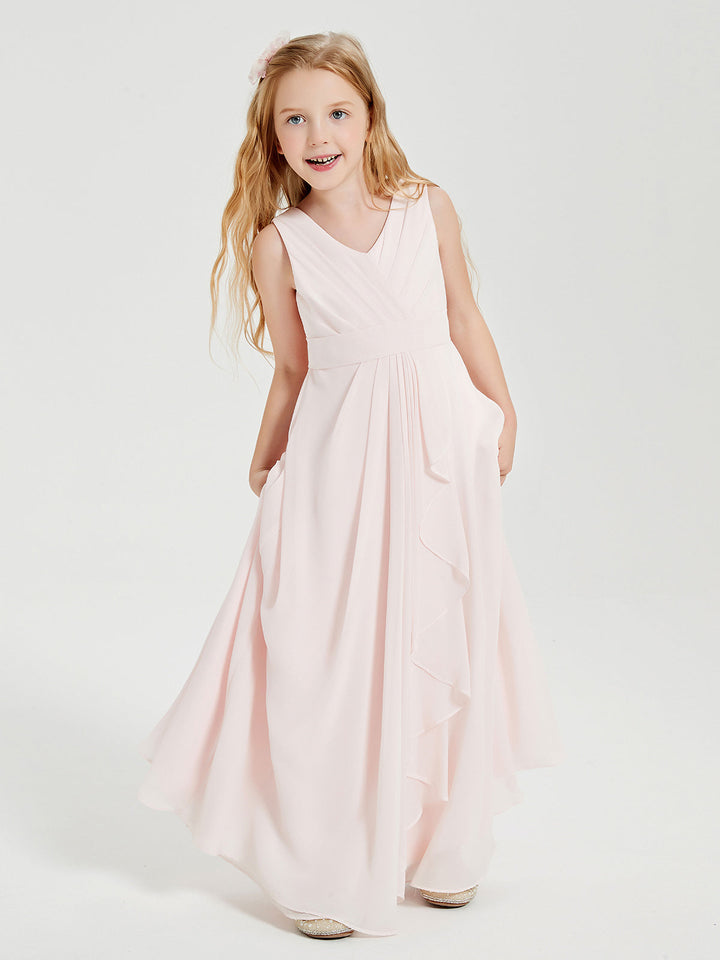 Boho Long Chiffon Bridesmaid Dresses Cascading Skirt Blushing Pink