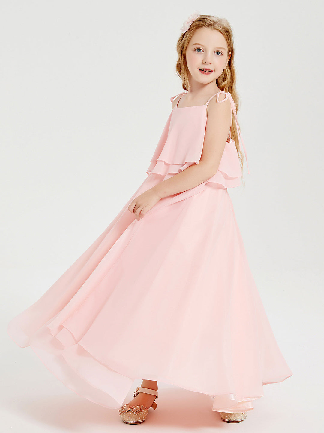 Long Chiffon Junior Bridesmaid Dresses Bowknot Spaghetti Straps Coral