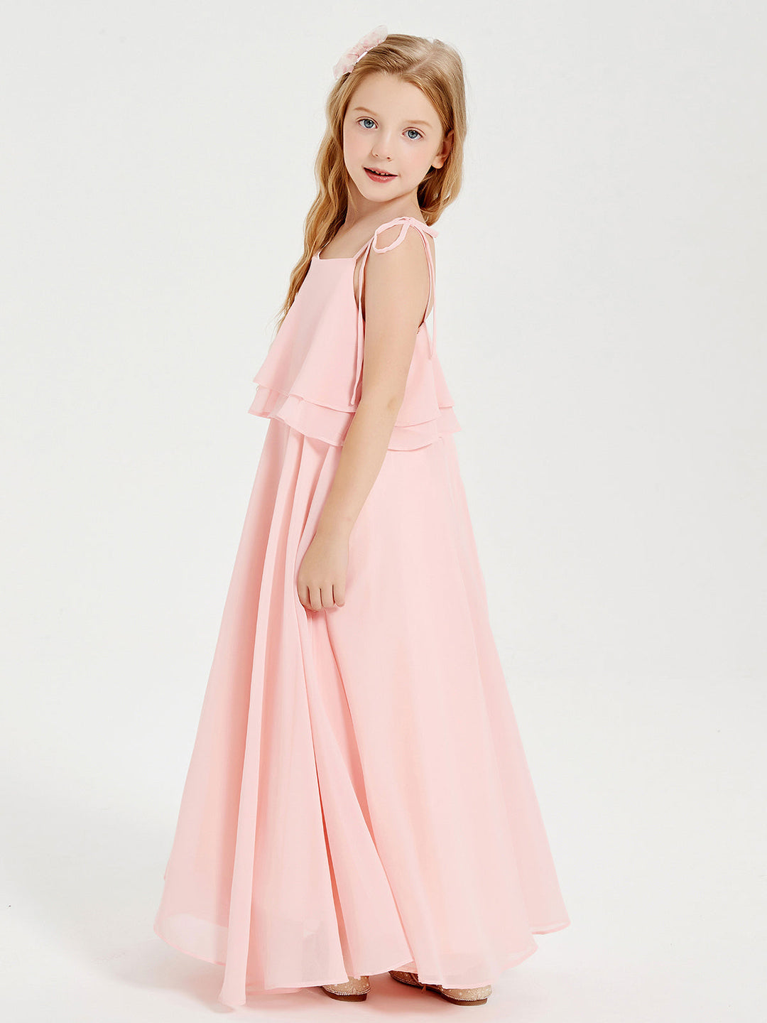 Long Chiffon Junior Bridesmaid Dresses Bowknot Spaghetti Straps Coral