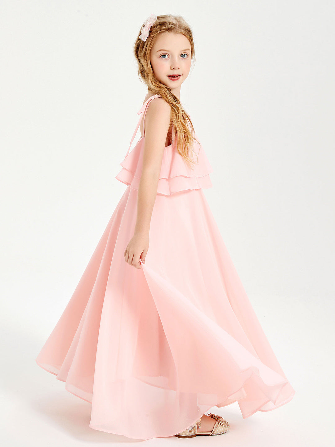 Long Chiffon Junior Bridesmaid Dresses Bowknot Spaghetti Straps Coral