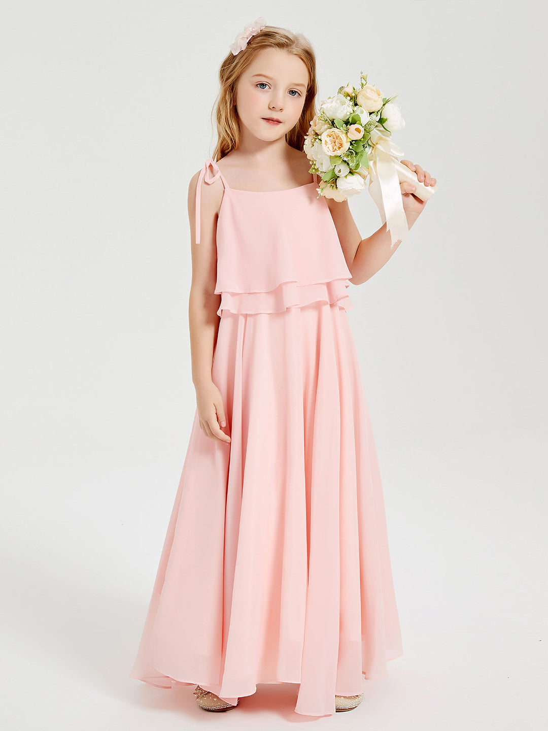 Long Chiffon Junior Bridesmaid Dresses Bowknot Spaghetti Straps Coral