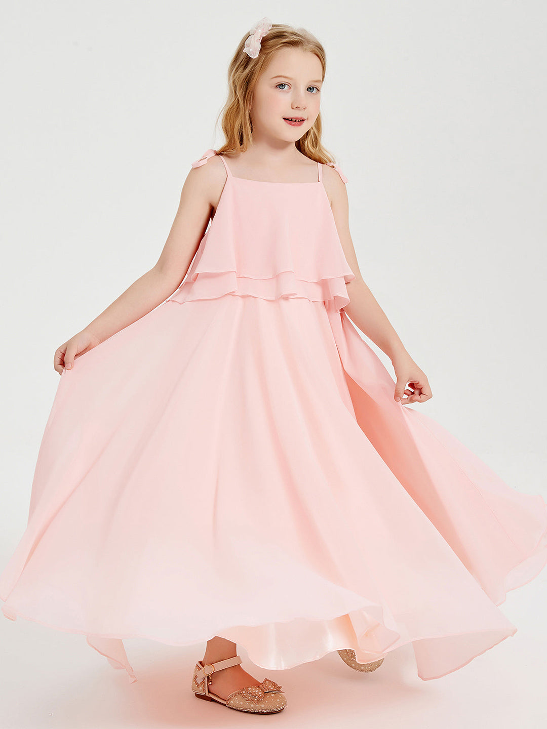 Long Chiffon Junior Bridesmaid Dresses Bowknot Spaghetti Straps Coral