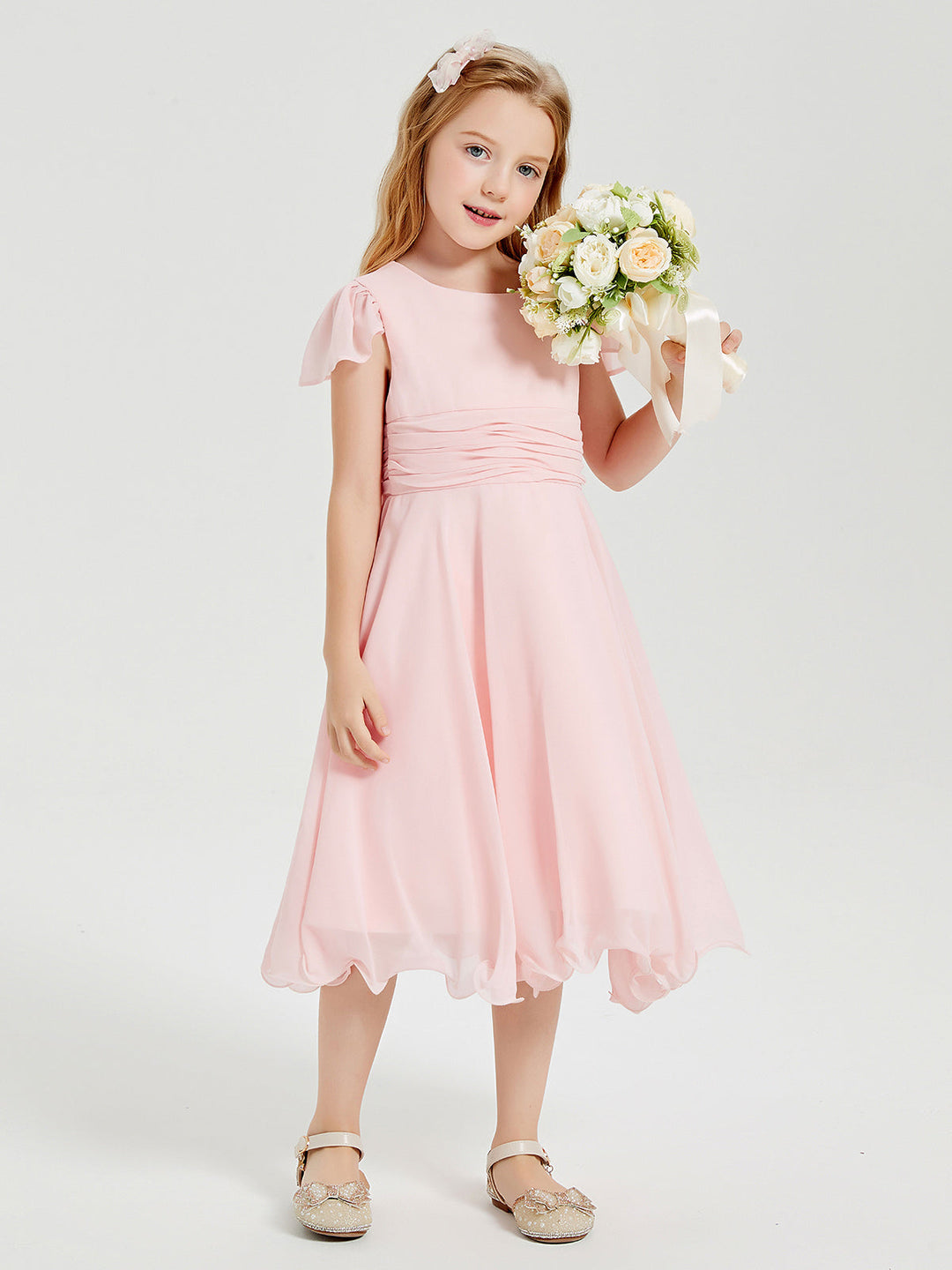 Tea Length Chiffon Junior Bridesmaid Dresses Blushing Pink