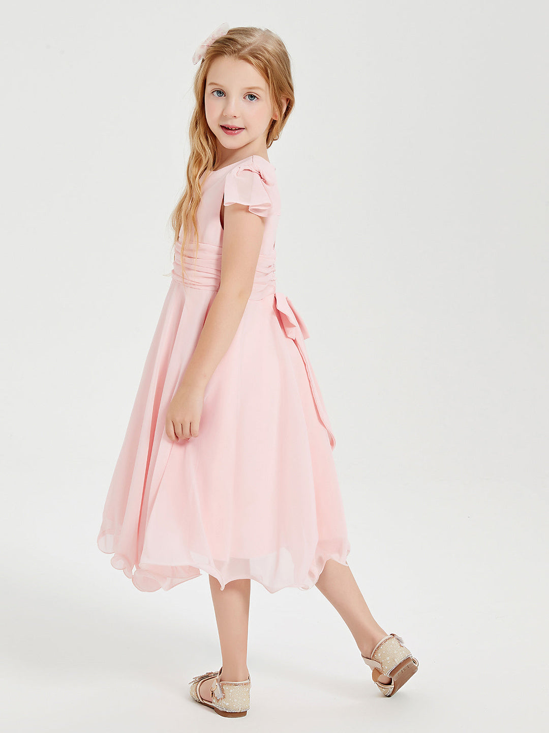 Tea Length Chiffon Junior Bridesmaid Dresses Blushing Pink