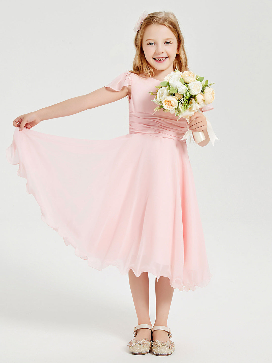 Tea Length Chiffon Junior Bridesmaid Dresses Blushing Pink