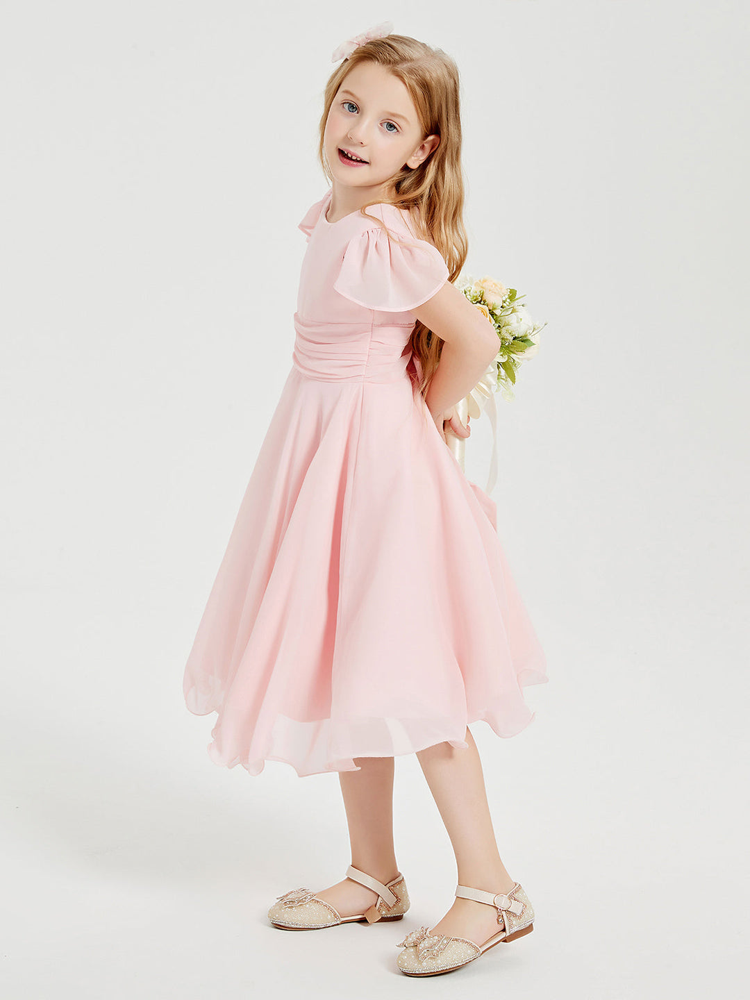 Tea Length Chiffon Junior Bridesmaid Dresses Blushing Pink