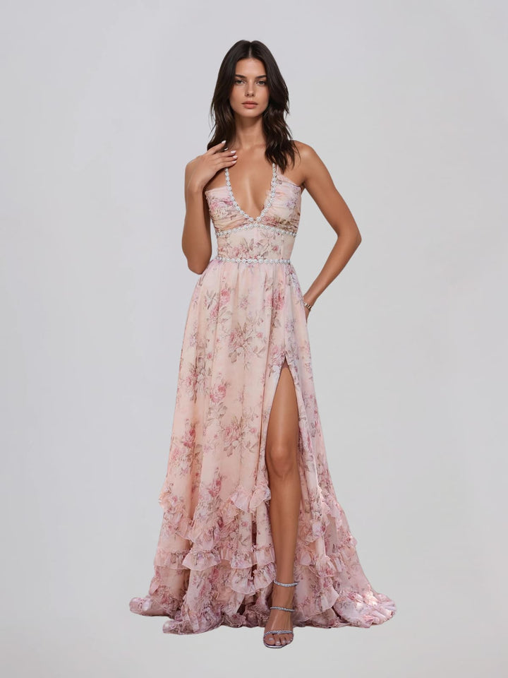 Fentho | Plunge Neck Floral Maxi Dress