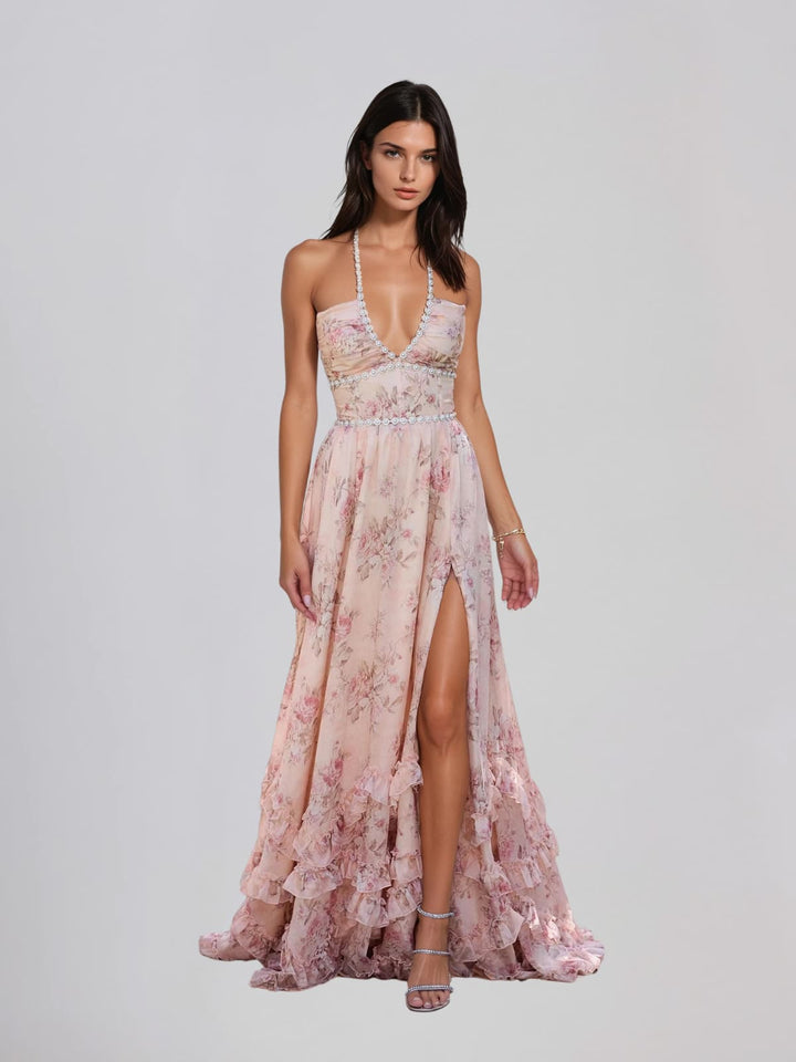 Fentho | Plunge Neck Floral Maxi Dress