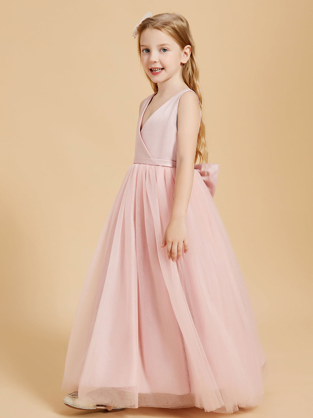 Tulle Junior Bridesmaid Dresses Satin Top Glamourous Bowknot Dusty Rose