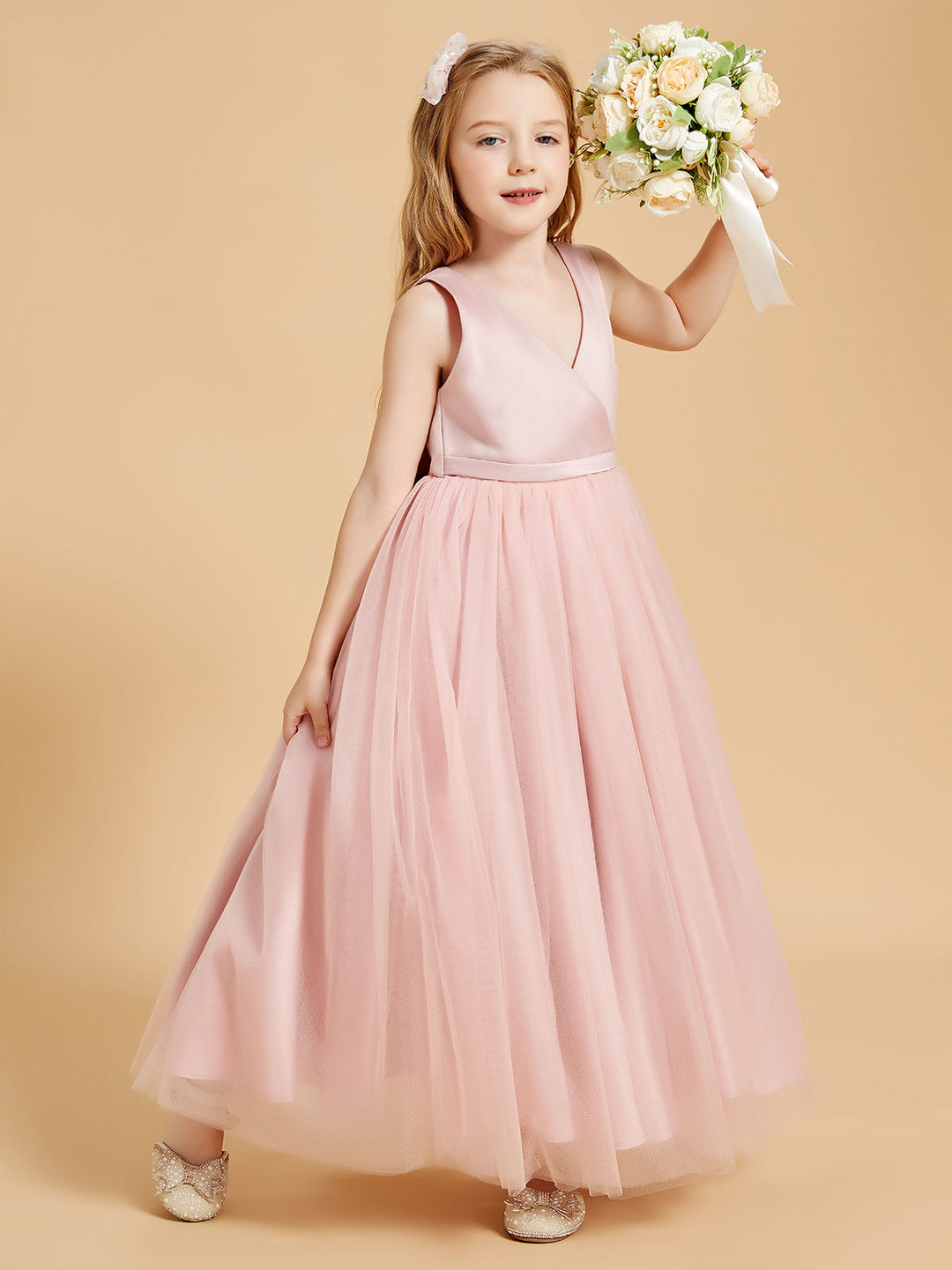 Tulle Junior Bridesmaid Dresses Satin Top Glamourous Bowknot Dusty Rose