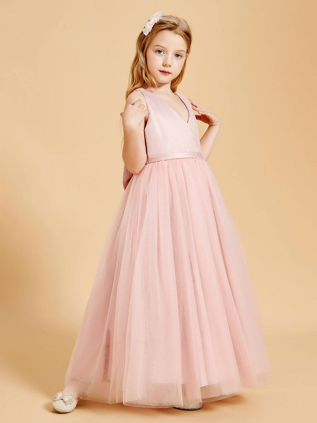 Tulle Junior Bridesmaid Dresses Satin Top Glamourous Bowknot Dusty Rose