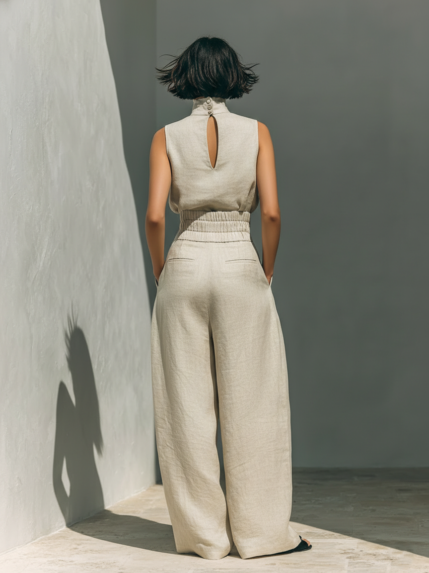 Minimalist Cotton Linen Sleeveless Blouse and Wide Leg Pants