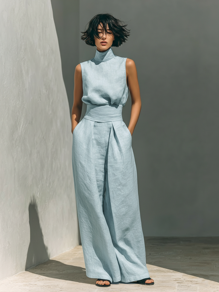 Minimalist Cotton Linen Sleeveless Blouse and Wide Leg Pants