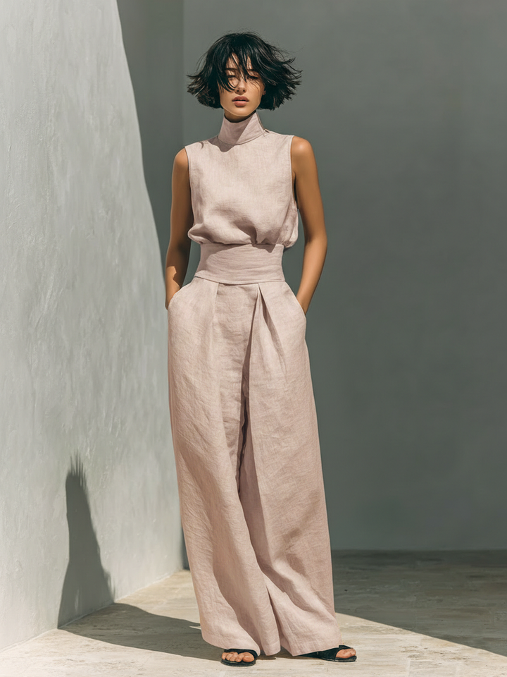 Minimalist Cotton Linen Sleeveless Blouse and Wide Leg Pants