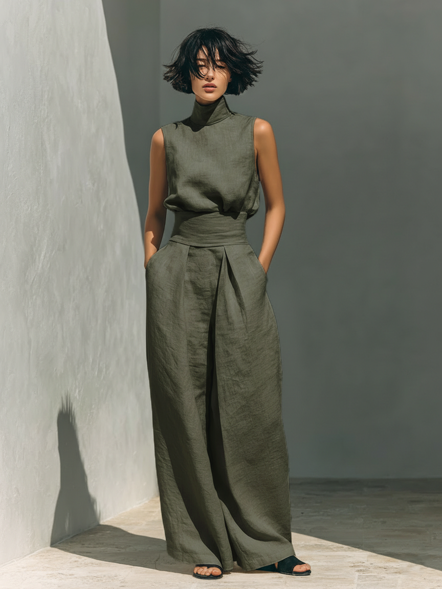 Minimalist Cotton Linen Sleeveless Blouse and Wide Leg Pants