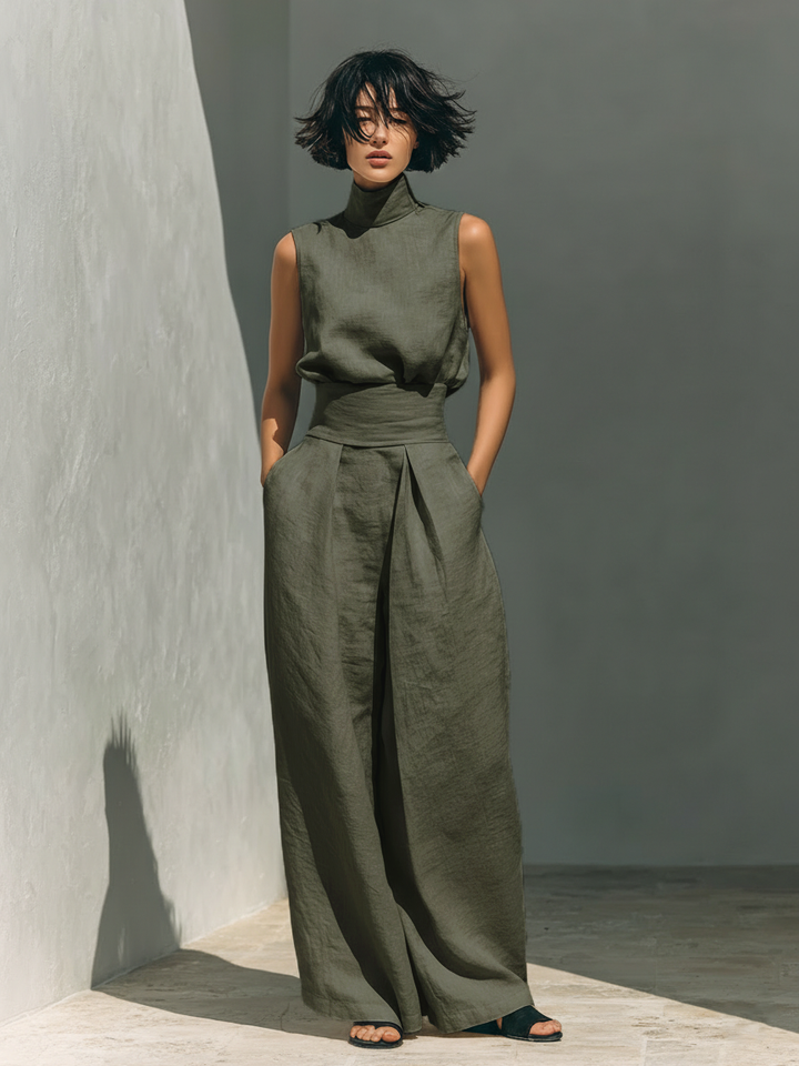 Minimalist Cotton Linen Sleeveless Blouse and Wide Leg Pants