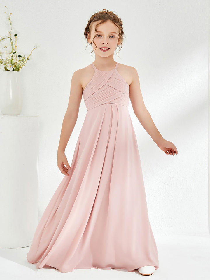 Halter Sleeveless Pleated Junior Bridesmaid Dress Dusty Rose