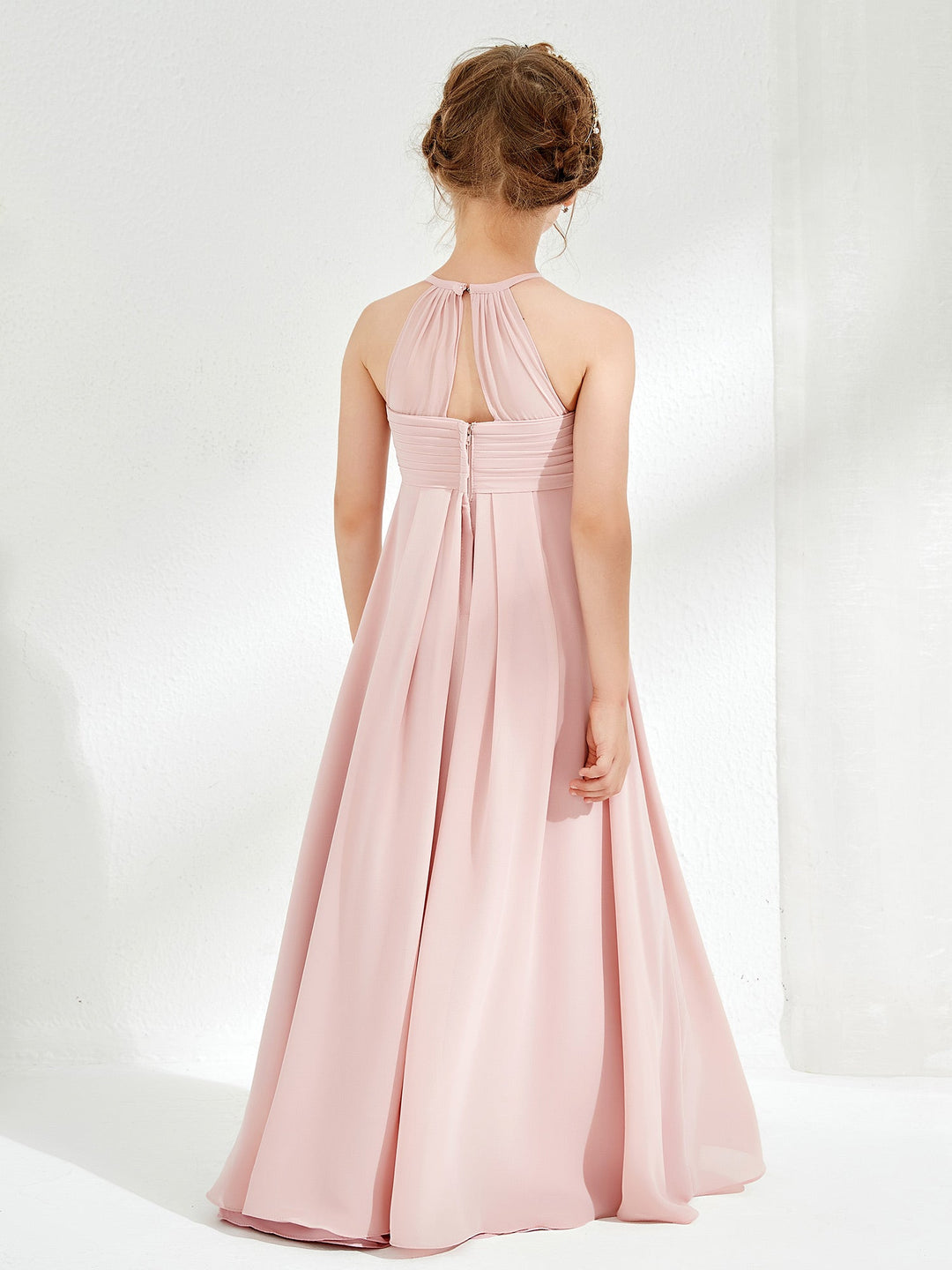 Halter Sleeveless Pleated Junior Bridesmaid Dress Dusty Rose