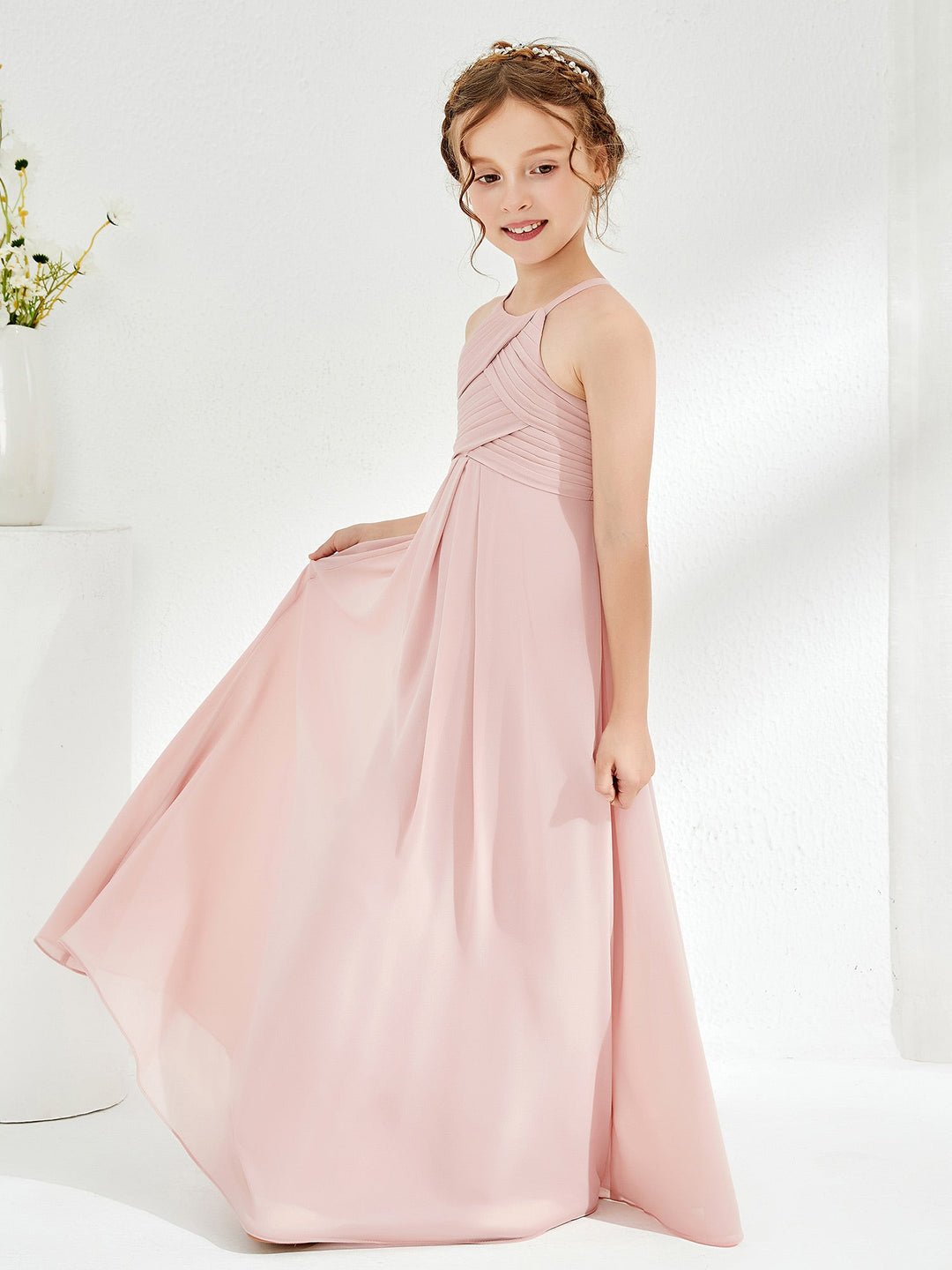 Halter Sleeveless Pleated Junior Bridesmaid Dress Dusty Rose
