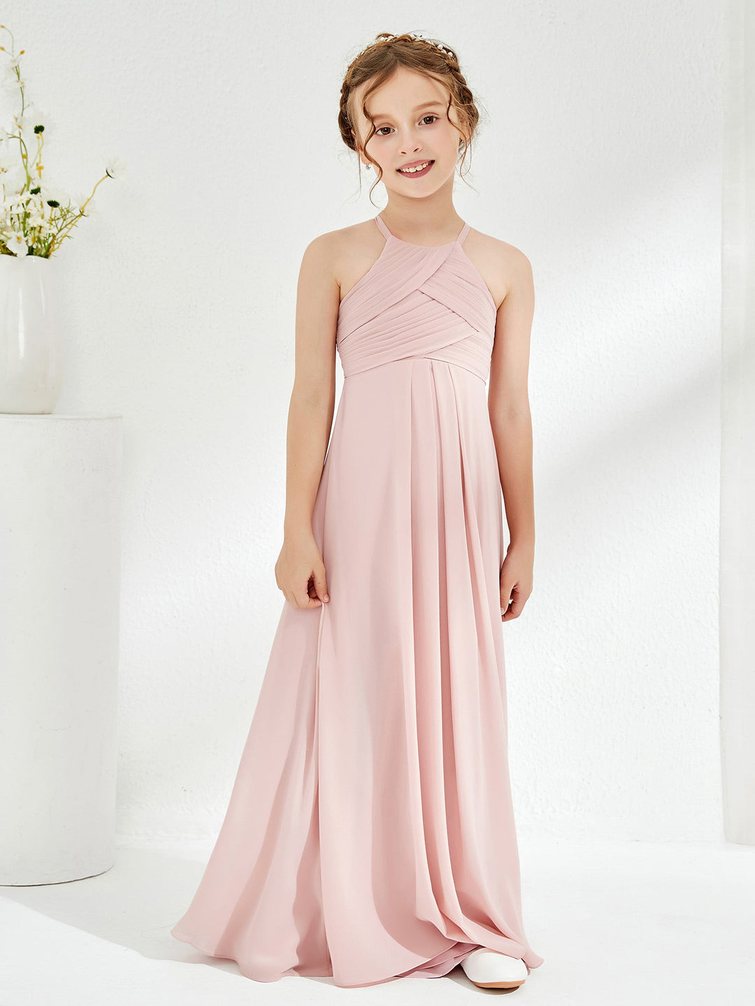 Halter Sleeveless Pleated Junior Bridesmaid Dress Dusty Rose