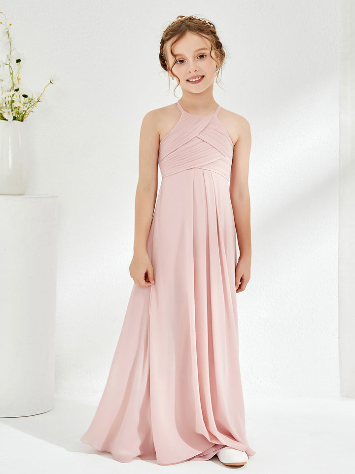 Halter Sleeveless Pleated Junior Bridesmaid Dress Dusty Rose