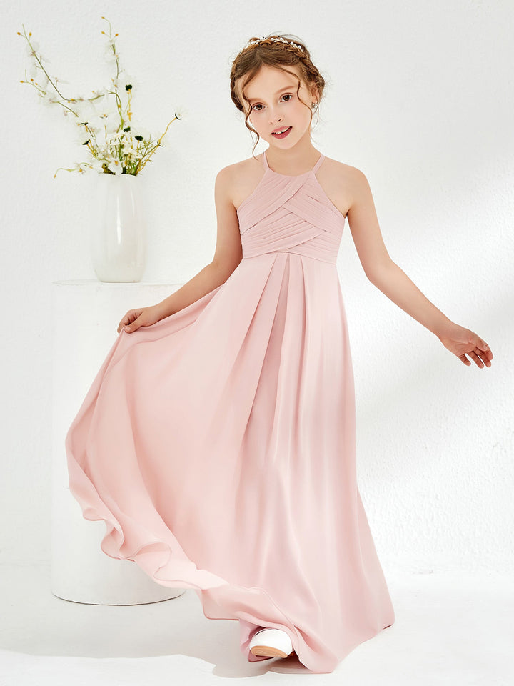 Halter Sleeveless Pleated Junior Bridesmaid Dress Dusty Rose