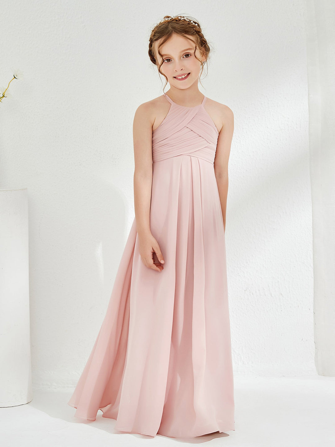 Halter Sleeveless Pleated Junior Bridesmaid Dress Dusty Rose