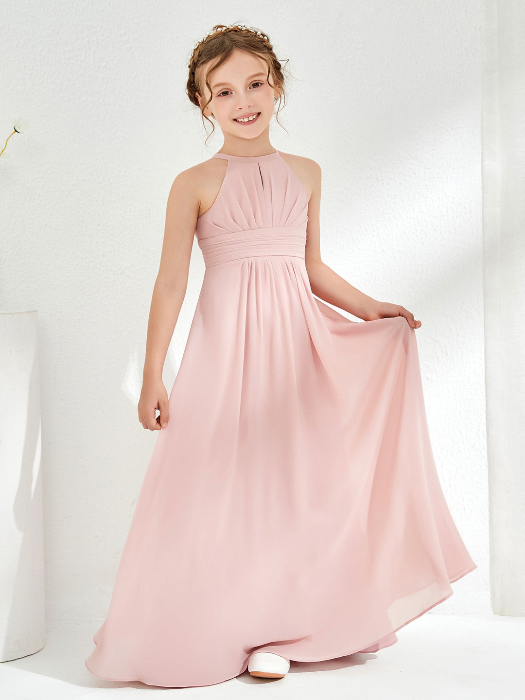 Simple Halter A-line Chiffon Junior Bridesmaid Dress Dusty Rose
