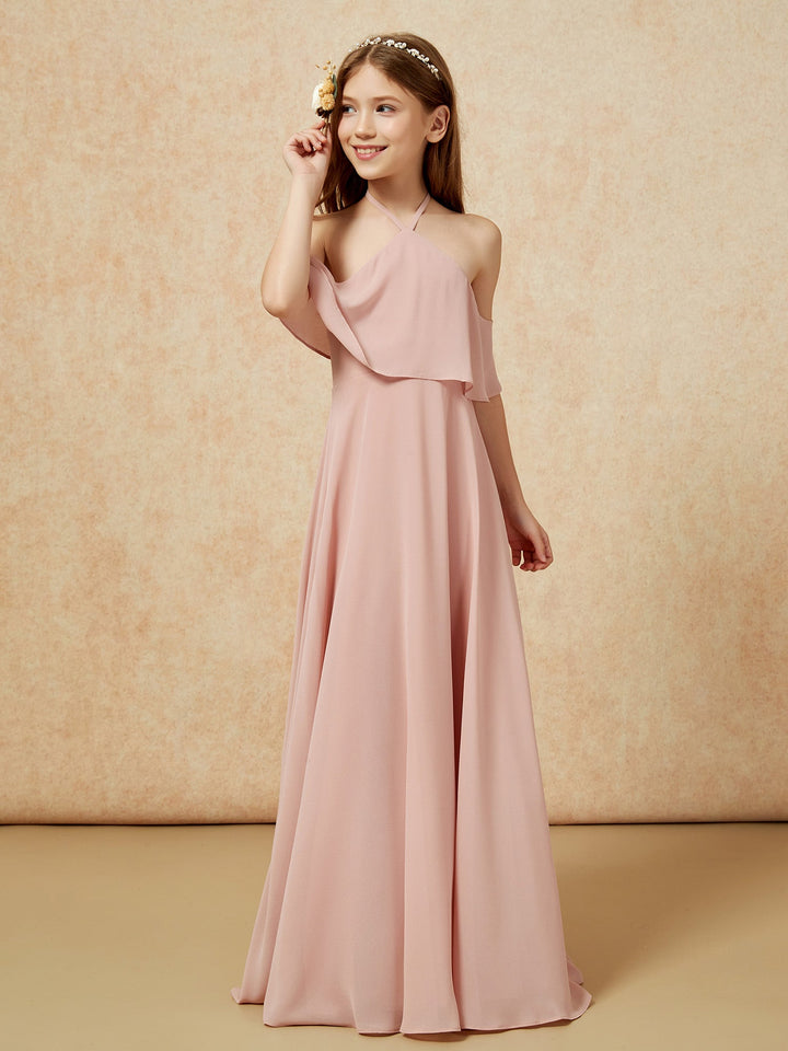 Simple Halter Floor-length Junior Bridesmaid Dress Dusty Rose
