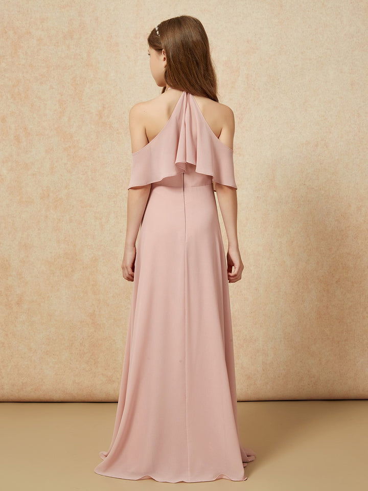 Simple Halter Floor-length Junior Bridesmaid Dress Dusty Rose
