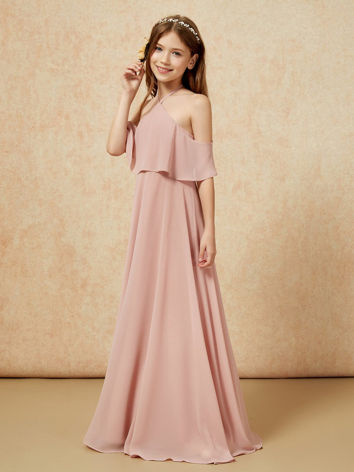 Simple Halter Floor-length Junior Bridesmaid Dress Dusty Rose
