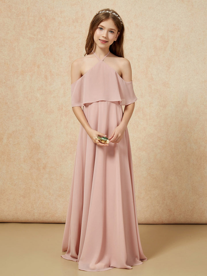Simple Halter Floor-length Junior Bridesmaid Dress Dusty Rose