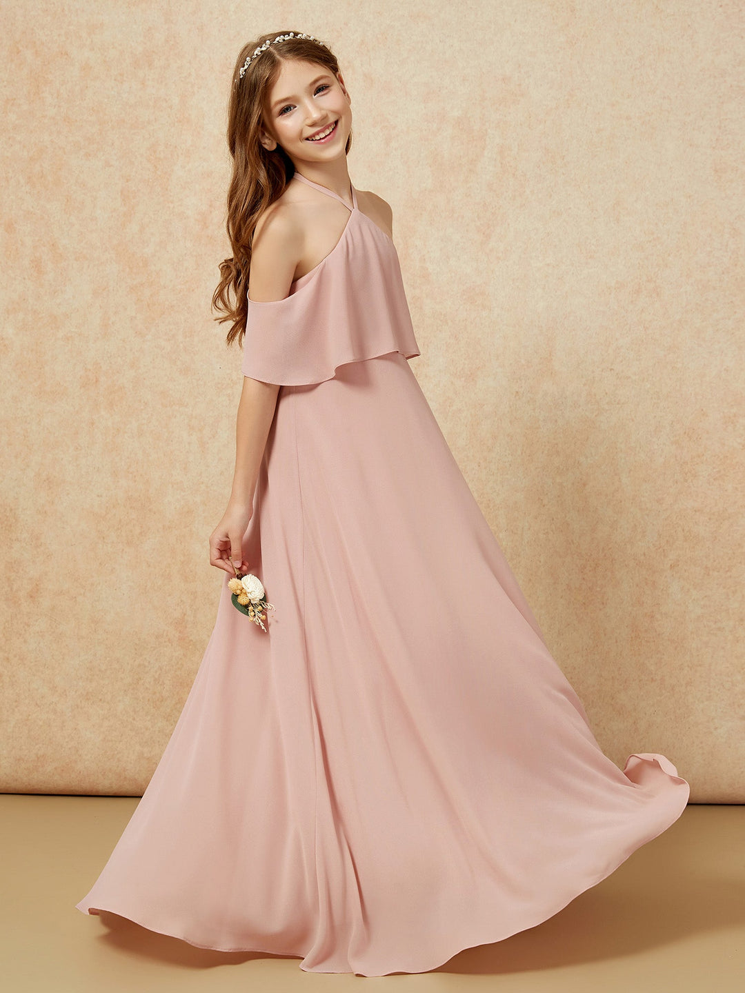 Simple Halter Floor-length Junior Bridesmaid Dress Dusty Rose