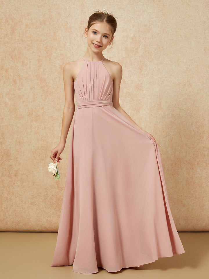 Sleeveless Pleated Long Chiffon Junior Bridesmaid Dress Dusty Rose