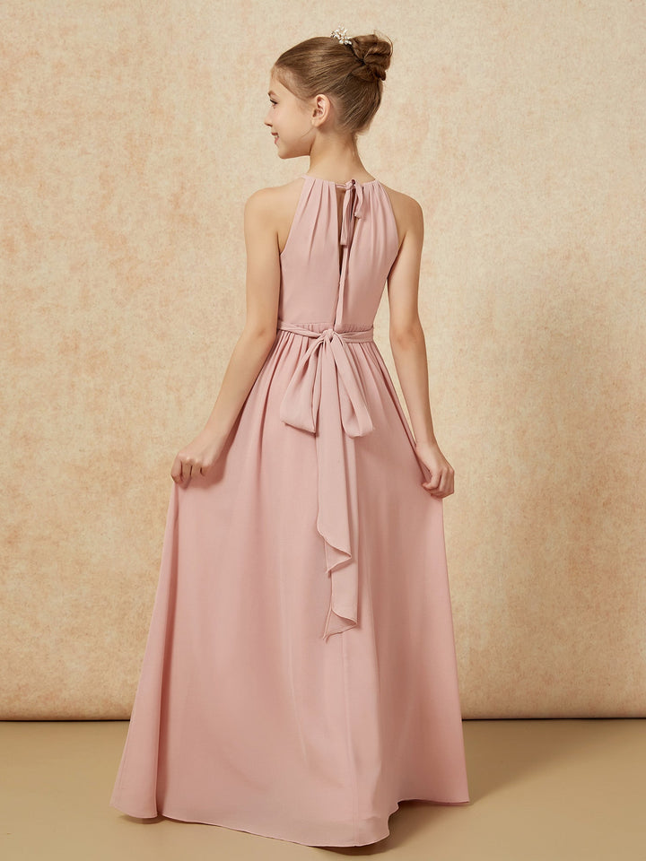 Sleeveless Pleated Long Chiffon Junior Bridesmaid Dress Dusty Rose
