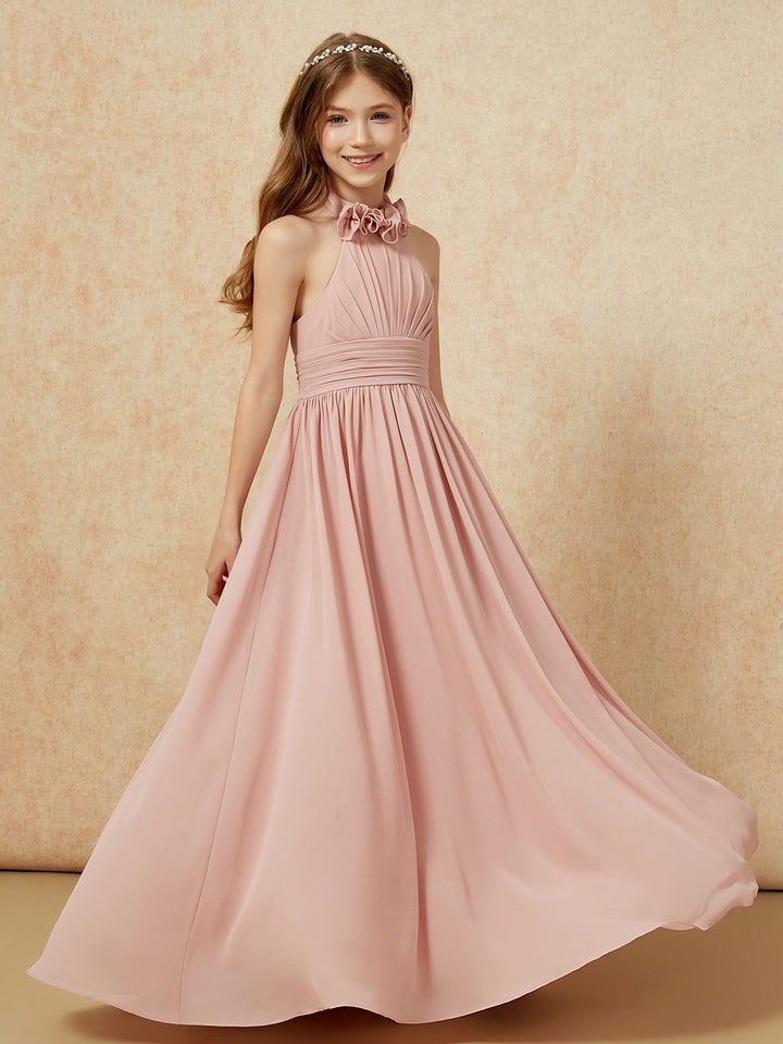 Halter Backless Chiffon Long Junior Bridesmaid Dress Dusty Rose