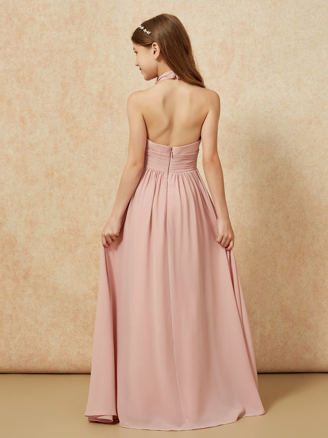 Halter Backless Chiffon Long Junior Bridesmaid Dress Dusty Rose