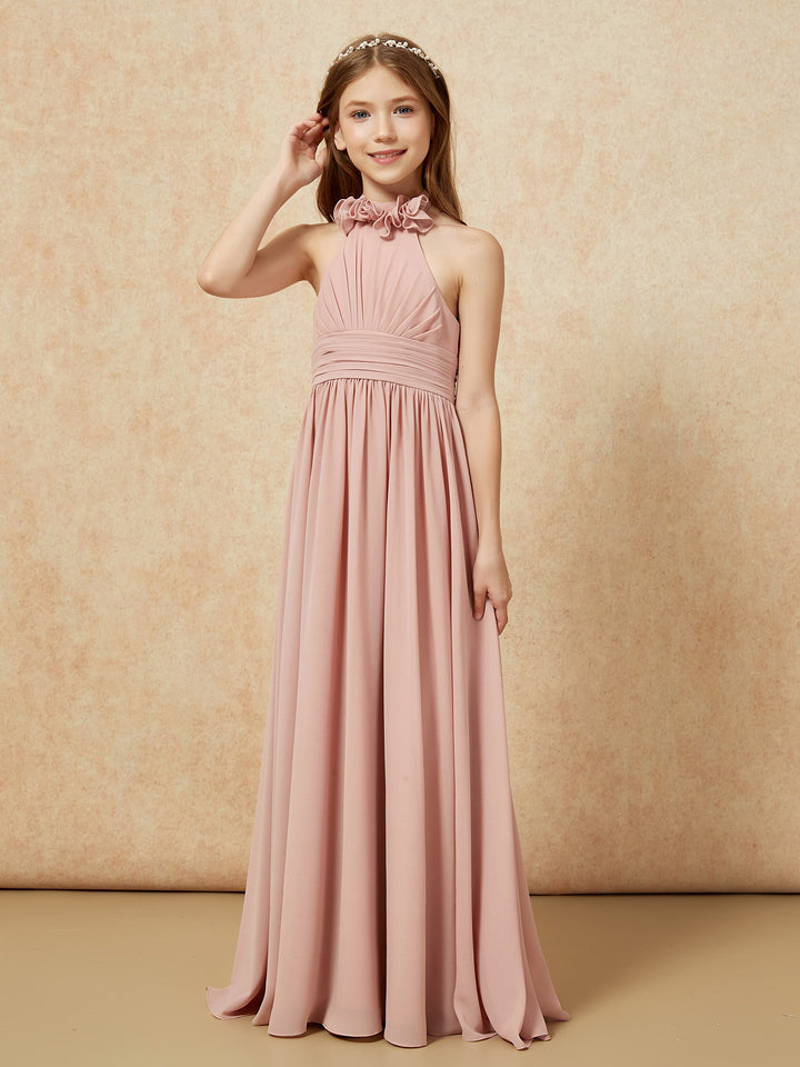 Halter Backless Chiffon Long Junior Bridesmaid Dress Dusty Rose