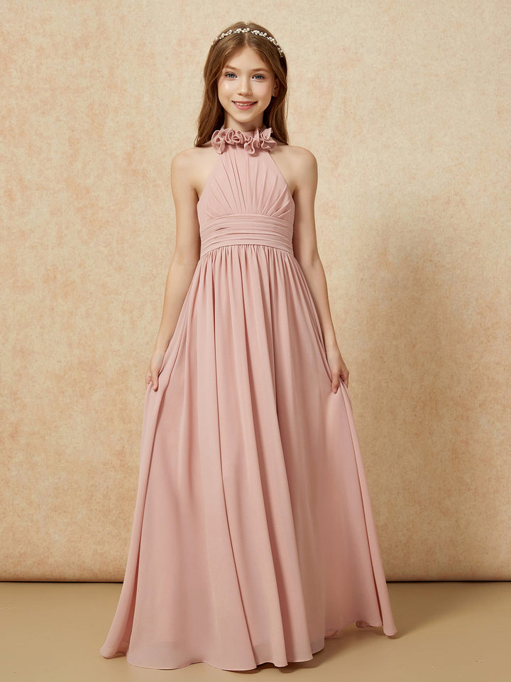 Halter Backless Chiffon Long Junior Bridesmaid Dress Dusty Rose